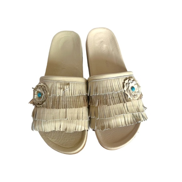 Manitobah Wasaga Fringe Slide US 10 Metallic Cream Turquoise Flower New - Picture 4 of 11